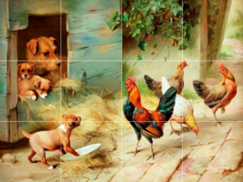puppy chicken dog rooster country farm animals ceramic tile mural backsplash - £47.62 GBP+