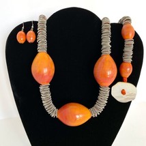 French Chunky Orange Art Glass Mother Of Pearl Necklace Bracelet &amp; Earrings Set - £192.40 GBP