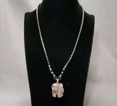 Beaded Necklace Hematite &amp; Pink Rose Quartz Carved Elephant Pendant Silver-tone - $24.75