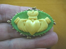 (CM38-43) traditional CLADDAGH heart hands ivory + green CAMEO brass Pin Pendant - £26.14 GBP