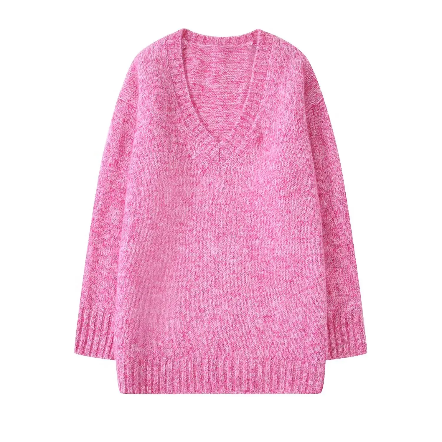 TRAF Loose Autumn Winter Solid     Pink V-neck Pullover Tops Long Sleeve... - $140.60