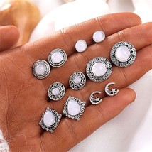 6 Pairs/Set Bohemian Moon Star Stone Stud Earrings Set For Women 2021 Statement  - £6.80 GBP