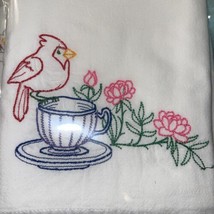 Kitchen Dish Towel Tea Towel Cardinal Bird Teacup Flowers100% Cotton 32&quot; x 36&quot; - $9.89