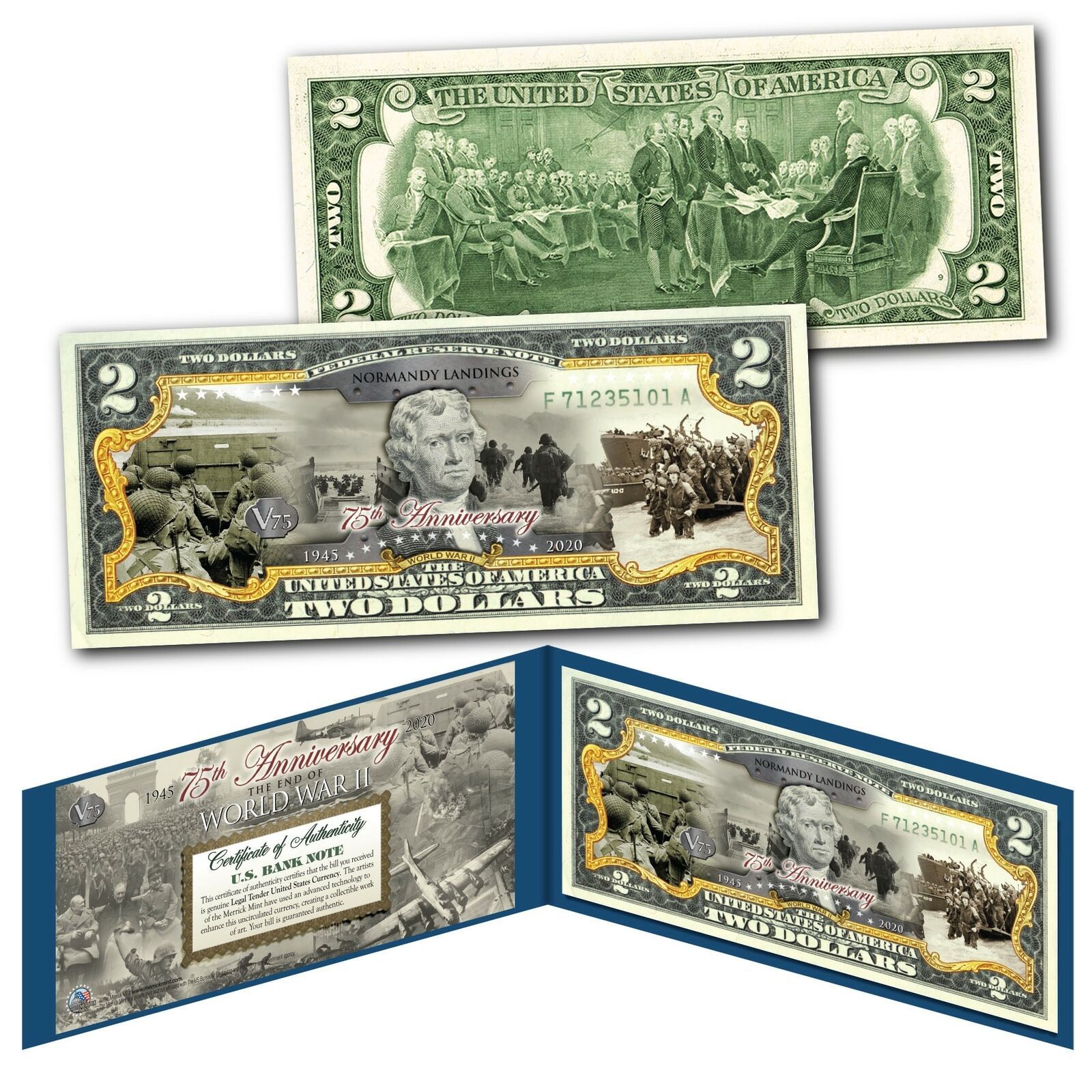 NORMANDY LANDINGS - End of WWII 75th Anniversary V75 - Authentic $2 U.S. Bill - $13.98