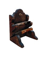 Rustic Two Place Wooden Knife Stand Display With Brass Buffalo Accent - $279.18 MXN