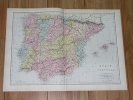 1891 Antique Map Of Spain Portugal Balearic Islands Barcelona Madrid Majorca - £15.28 GBP