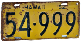 1952 Rare  Yellow Hawaii License Plate 54-999 Pre-Statehood - £115.35 GBP