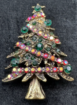 Vintage Christmas Tree Brooch Rhinestone Green Red AB Gold Tone Pin - $18.80