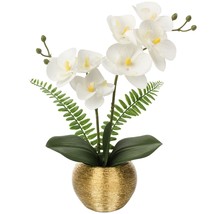 Orchids Artificial Flowers 13&#39;&#39; Fake Orchid Flowers In Gold Ceramic Vase Silk Ph - £31.63 GBP