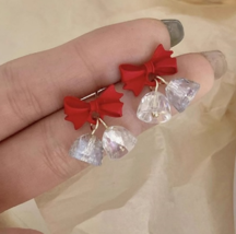 Red bow Bell Earrings Maiden Heart ins Wind studs without piercing ear c... - $19.80