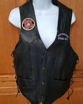 Mens Black Leather Motorcycle Vest  Lace Up Sides With 2 Patches Size 40 - £27.97 GBP
