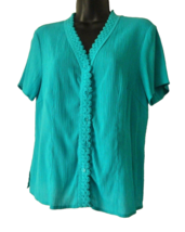 Ladies Blouse Sag Harbor Size 12 Turquoise w/ Crochet Front &amp; Neck Short Sleeve - £14.78 GBP
