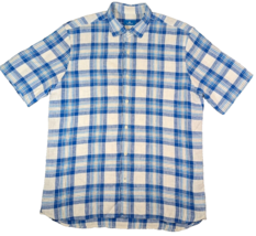 Toscano Shirt Mens Blue White Plaid Linen Short Sleeve Button Up Size Large - $21.22