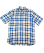 Toscano Shirt Mens Blue White Plaid Linen Short Sleeve Button Up Size Large - £16.65 GBP