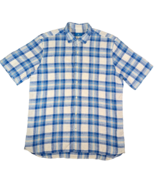 Toscano Shirt Mens Blue White Plaid Linen Short Sleeve Button Up Size Large - £4.42 GBP