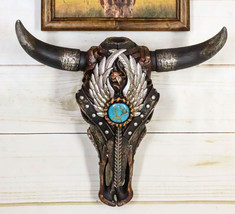 Rustic Western Angel Wings Turquoise Gem Steer Bull Cow Skull Wall Decor Plaque - £39.95 GBP