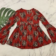 Free People Speak Easy Bell Sleeve Top Size XS Red Gray Floral Peasant  - $29.69