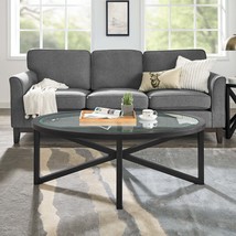 Modern Round Glass Coffee Table | Tempered Glass &amp; Solid Wood Base - $160.99
