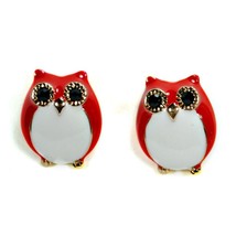Cute Owl Earrings Red Enamel Gold Plate High Quality Post Pair Stud Bird New - £6.21 GBP