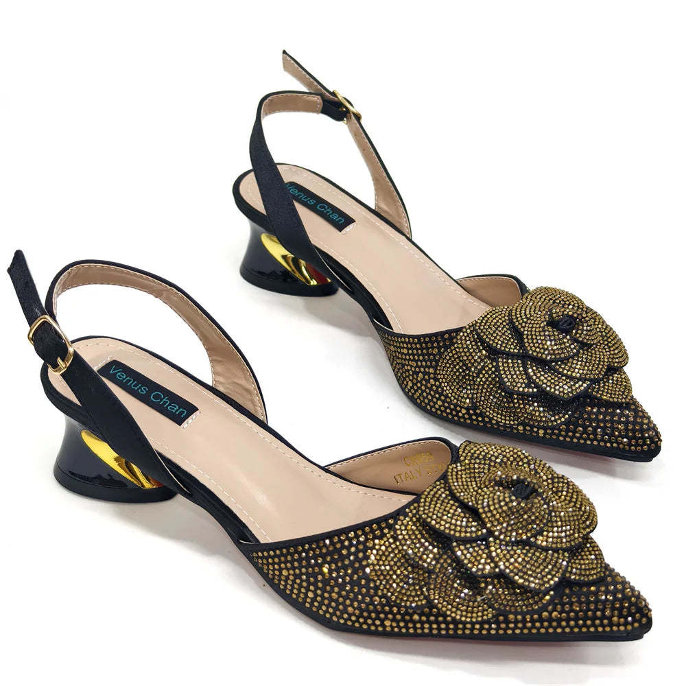 Pointed-Toe Large Flower Decoration Rhinestone Low Heel Italian Design Shoes and Item image 2