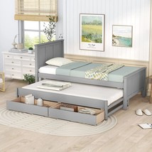 Merax Wood Bed With Trundle And 2 Drawers Twin Daybed Frame For Kids Teens - £295.77 GBP