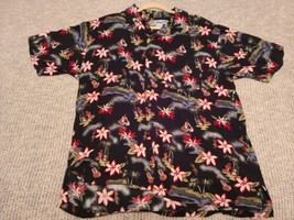 Utility Hawaiian L Shirt Tropical Floral Paradise Pocket Hula Girl Ukulele VTG  - $13.96