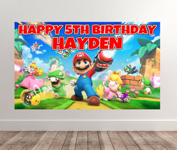 2 X SUPER MARIO Personalised Birthday Backdrop - Mario All Stars 40 x 24 Inches - £14.29 GBP