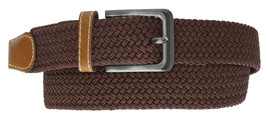 Brown Silver Rectangle Buckle Woven Elastic Stretch Belt 1.25 Wide Casual Unisex - £13.36 GBP