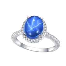 925 Sterling Silver 8X10mm Oval Cut Lindy Blue Star Sapphire Halo Engagement - £86.22 GBP