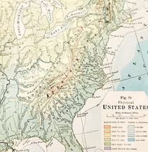 1920 United States Map Physical Elevations Topo Centerfold Vintage USA DWQ6 - $29.99