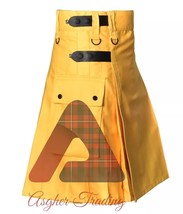 Scottish Handmade Yellow Kilt Utility Deluxe Cotton Leather Straps Hybrid Kilt - £42.47 GBP