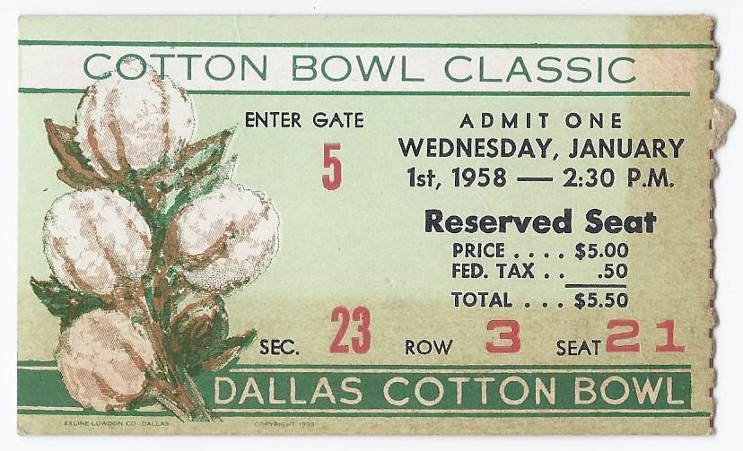 Primary image for 1958 Cotton Bowl Game Ticket Stub Navy Rice