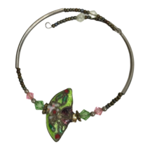 Vtg Cloisonne Bracelet Fan Charm Flower glass bead artisan cottagecore handmade - £11.59 GBP