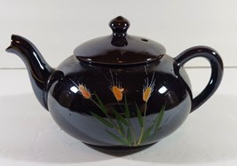 Vintage Round Brown Betty Hand Painted Teapot Glazed Pottery Flowers Japan - $16.14