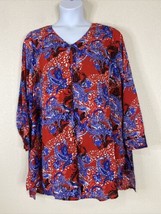 Jessica London Womens Plus Size 18W (1X) Blue/Red Paisley Slit Top Long Sleeve - £10.05 GBP