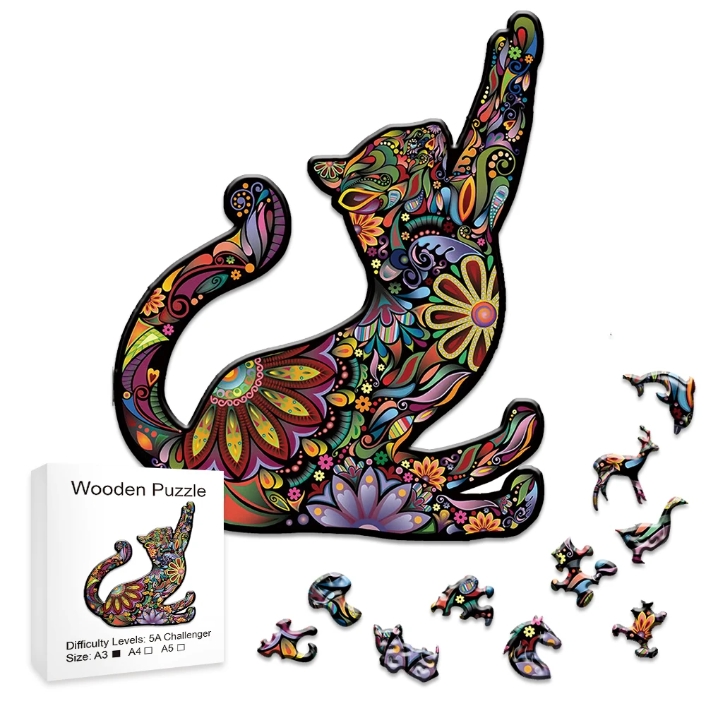 Colored Tiger Cat Wooden Puzzle Toy Adult Wooden Puzzle Children Christmas Gift - £8.91 GBP+