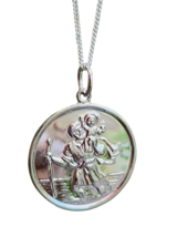 St Christopher Necklace Round Large Pendant 20&quot; Curb Chain Travel Protection - £30.74 GBP