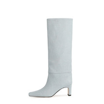 Women Denim Mid Calf Boots Shoes Slip On Low Heels Footwear Fashion Modern Lady  - £119.46 GBP
