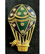 Vintage Hot Air Balloon Gold Tone Enamel &amp; Rhinestone Brooch Pin Steinme... - £25.48 GBP