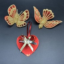 3 Vintage Gold Glitter Butterfly Bird Heart Christmas Ornaments Red - $12.00