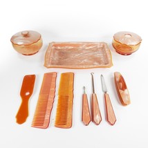 10 Pc Vintage Dupont Pyralin Celluloid Vanity Tray Set Jars Pearlized Orange - £47.95 GBP