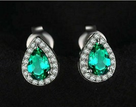 4.20Ct Pear Cut Green Emerald Halo Stud Earrings 14K White Gold Finish - £112.32 GBP