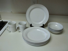 Gibson Everyday Stoneware ~ White with Silver Rings ~ 10 Piece Set Plate... - £49.79 GBP