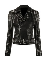 Women&#39;s Studded Motorcycle Black Genuine Leather Brando Jackets All Size... - $319.00