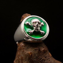 Men&#39;s Pirate Ring green Jolly Roger crossed Bones Skull - Sterling Silver - £71.32 GBP