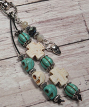 Skull Beaded Howlite Crystal Day of the Dead Purse Charm Keychain Turquoise - $16.82