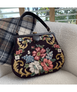 Vintage 60s Needlepoint Floral Purse Dark Brown Clamshell Clasp - $84.32 CAD