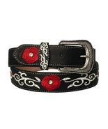 Western Cowboy Belt Black Leather Removable Buckle Floral Embroidered Ro... - $29.99