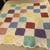 Pastel Hand Crocheted Multi Color Granny Squares Baby Blanket 50x58 Vintage - £20.24 GBP