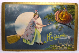 Halloween Witch Broom Postcard 581-1 Fantasy Moon JOL Village Town Sander 1910 - £42.68 GBP